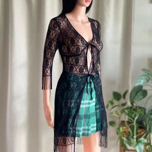 Vintage 90s XOXO Black Sheer Floral Lace Tie Front Cardigan Goth Witchy Size S